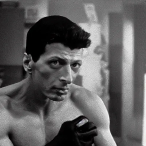 Image similar to young, muscular jeff goldblum as bruce wayne peeling back batman mask, wearing batman t shirt, film still