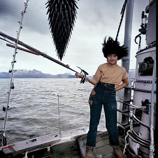 Prompt: black - haired girl with wild spiky black saiyan hair wearing double denim, standing on an alaskan fishing vessel, 1 9 6 5, polaroid, kodachrome