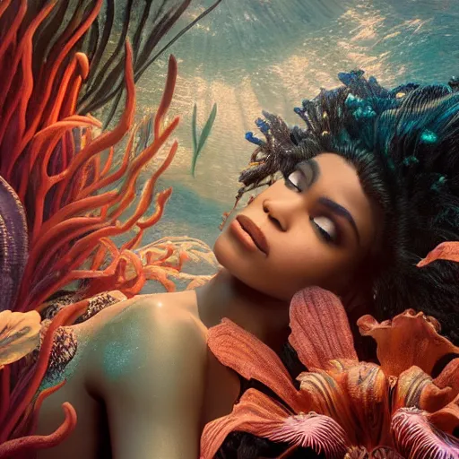 Image similar to dramatic upper body portrait of zendaya as a dark - skinned mermaid la sirene haitian goddess, under water, white lilies, concept art, intricate details, bloom, highly detailed, photorealistic, octane render, 8 k, art by annie leibovitz and wlop and frank frazetta and simon bisley h - 7 2 0