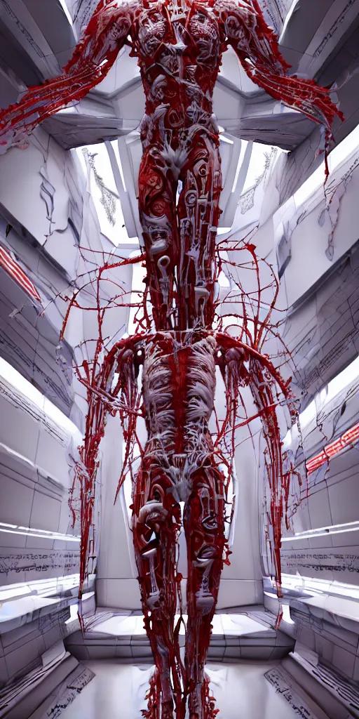 Prompt: high detailed white space station interior a statue jesus on cross made of red marble, perfect symmetrical body, full body shot, inflateble shapes, wires, tubes, veins, jellyfish, white biomechanical details, wearing epic bionic cyborg implants, masterpiece, intricate, biopunk, vogue, highly detailed, artstation, concept art, cyberpunk, octane render