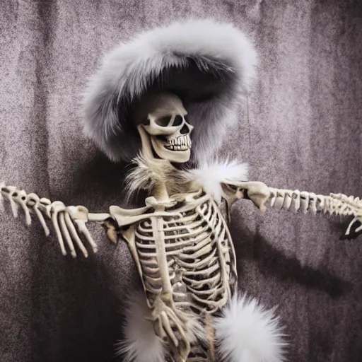 Prompt: a skeleton in a russian fur hat dancing without a care, artistic photography, f stop, iso, gray dungeon background, very realistic