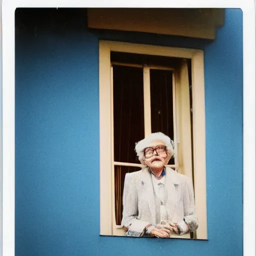 Image similar to Polaroid Medium Shot portrait of a very well-dressed old lady in a balcony of a blue hotel, photo made by Wes Anderson award winning, 4K