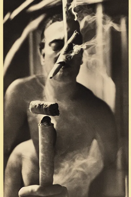 Image similar to a recent photograph of god smoking a cuban cigar by man ray