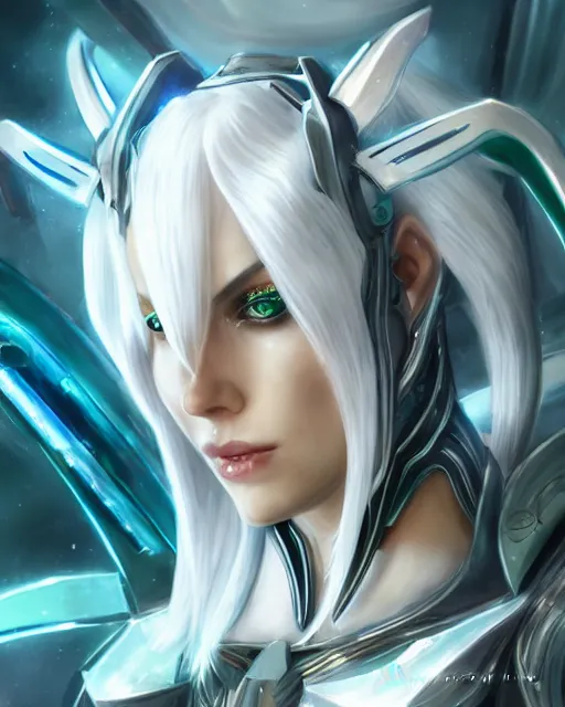 Image similar to perfect white haired attractive egyptian goddess, warframe armor, beautiful, symmetric, dreamy, half asian, pretty face, green eyes, charlize theron, detailed, scifi platform, laboratory, experiment, 4 k, ultra realistic, epic lighting, android body, illuminated, cinematic, masterpiece, art by akihito tsukushi, voidstar