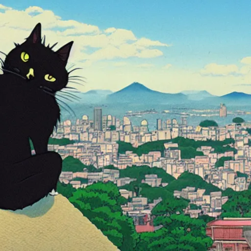 Image similar to a black cat fursona looking out over a city, Miyazaki, studio ghibli