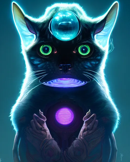 Prompt: one singular portrait of a bioluminescent cat creature with big glowing eyes, highly detailed, digital painting, cinematic, hyper realism, dark retrowave, art by Stanley Lau and Artgerm and magali villeneuve and Alphonse Mucha, artstation, octane render, cgsociety