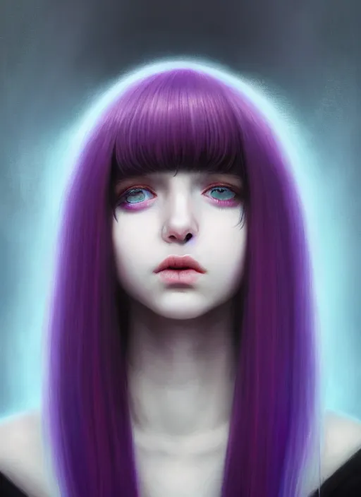 Image similar to hair whitebangs hair, black hair, whitebangs, portrait of teenage girl with white bangs, red irises, purple clothes, white bangs, bangs are different color from hair, intricate, elegant, glowing lights, highly detailed, digital painting, artstation, concept art, smooth, sharp focus, illustration, art by wlop, mars ravelo and greg rutkowski