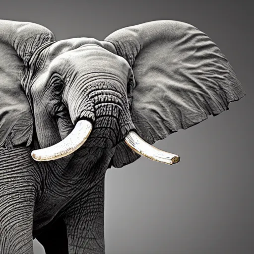 Image similar to an elephant falling apart and crumbling to dust to the air, photorealistic