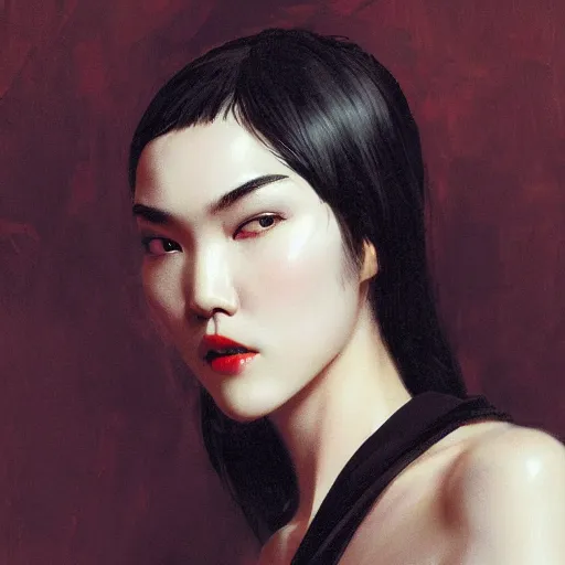 Image similar to detailed cinematic wide shot of beautiful attractive tao okamoto asian vampire woman wearing black bath robe slim face symettrical face clean skin black eyes black robe smooth, sharp focus, ultra realistic, spring light, painting by gaston bussiere, craig mullins, j. c. leyendecker