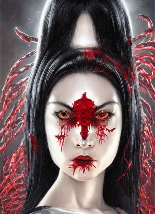 Image similar to a hyper detailed full face portrait of black haired girl with red eyes, queen of blades, sideshow figurines, diablo 4 lilith, by yusuke murata, by hiroya oku, by dorian cleavenger, by tom bagshaw, by zdzisław beksinski, trending on artstation