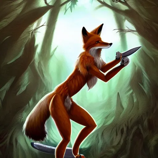 Prompt: award-winning extremely detailed FurAffinity cartoon fantasy art of a naturally gorgeous fit shapely muscular fur-covered anthro Celtic warrior female fox with white belly and black paws and dazzling eyes and a long tail and long braided hair, wielding a knife, in a forest, 4k, Hibbary, Dark Natasha, Goldenwolf, realistic shading, trending on FurAffinity