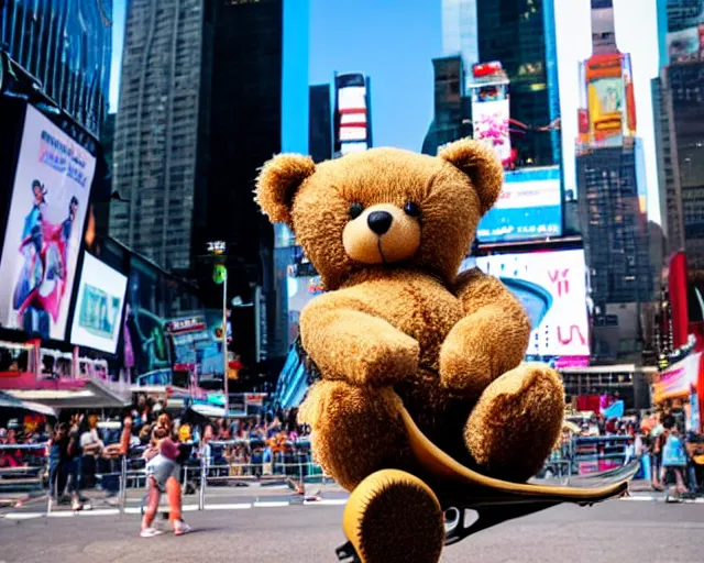 Prompt: photo of a teddy bear on a skateboard in times square