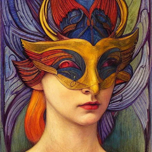 Image similar to the dawn queen with her bird mask, by annie swynnerton and diego rivera and elihu vedder, symbolist, dramatic lighting, elaborate geometric ornament, art brut, soft cool colors, smooth, sharp focus, extremely detailed, leo and diane dillon