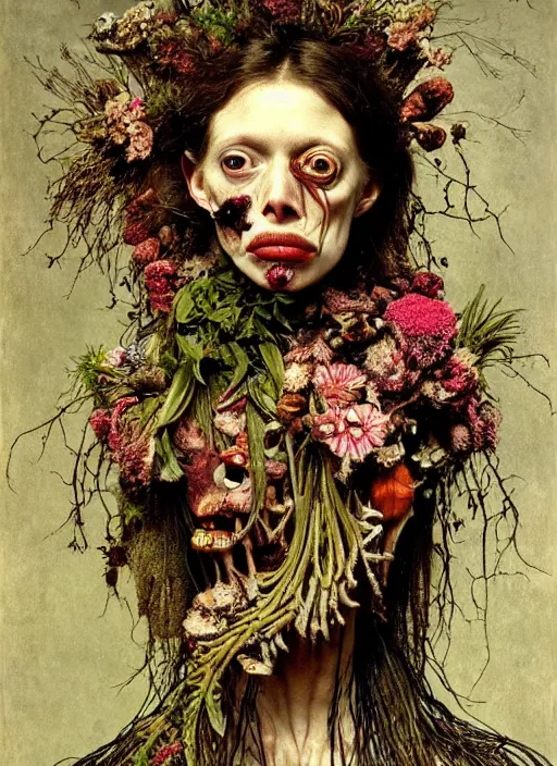 Image similar to beautiful and detailed rotten woman made of plants and many different types of flowers, muscles, intricate, organs, ornate, surreal, miguel angel, gustave courbet, caravaggio, romero ressendi, gunther von hagens