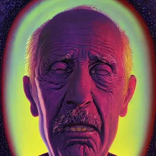 Image similar to portrait of a distressed old man as an omniscient being , high detail, floating particles, glowing purple eyes, background by john harris + david a. hardy, artwork by jean giraud + goro fujita