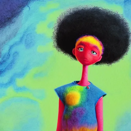 Prompt: a black girl with a colorful afro and rainbow eyes dressed like an astronaut, bright colours, watercolor, volumetric wool felting, macro photography, children illustration, by goro fujita