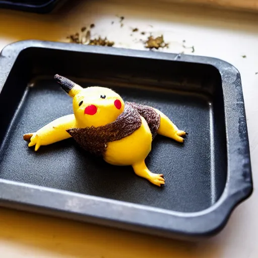 Image similar to roasted spatch pikachu in a baking tray with rosemary and thyme, cooking oil, steam, charred, ready to eat, electric sparks