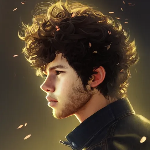 Prompt: Portrait of man with Nick Jonas's Tousled Curls type hair and Indonesian-type skin, atmospheric lighting, intricate detail, cgsociety, ambient light, dynamic lighting, anime style by Yusuke Kozaki