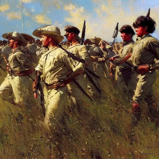 Image similar to detailed wide shot of soldiers marching in the field, spring light, painting by gaston bussiere, craig mullins, j. c. leyendecker