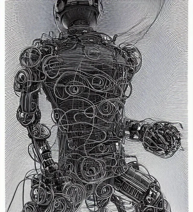 Prompt: a robotic god made of wires, electricity, and cables in the style of jean giraud in the style of moebius trending on artstation deviantart pinterest detailed realistic hd 8 k high resolution