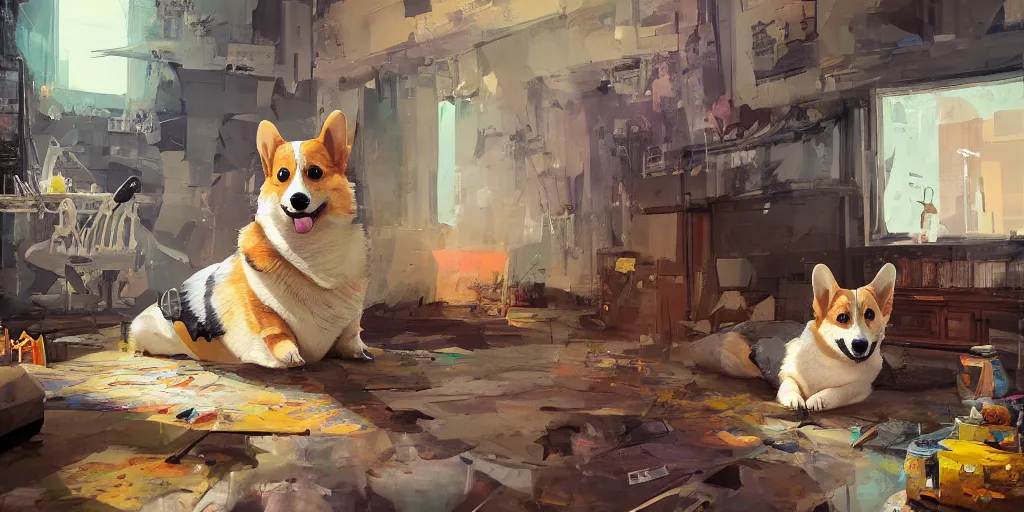 Prompt: beautiful painting of a corgi assassin king chilling in his palace, by Ilya Kuvshinov and Ismail Inceoglu. trending on Artstation, 8k, masterpiece, graffiti paint, fine detail, full of color, intricate detail, golden ratio illustration