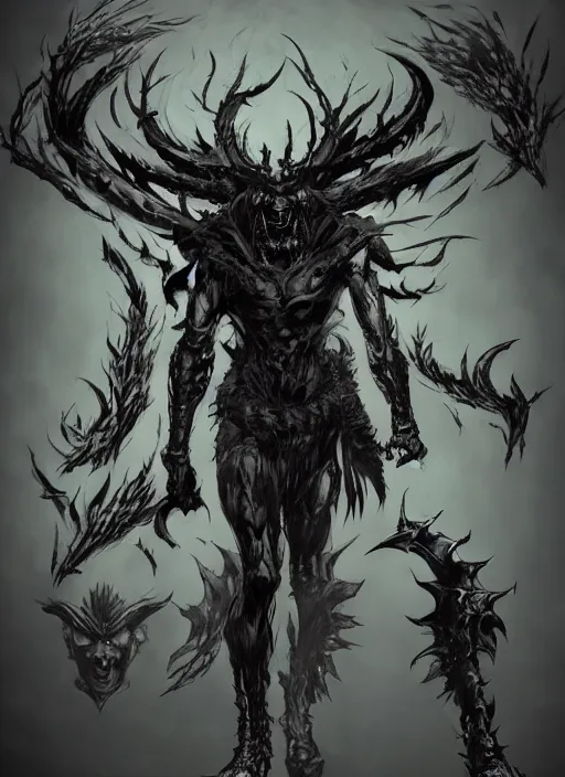 Image similar to A full body portrait of a scary demon with thousand eyes. In style of Yoji Shinkawa and Hyung-tae Kim, trending on ArtStation, dark fantasy, great composition, concept art, highly detailed.