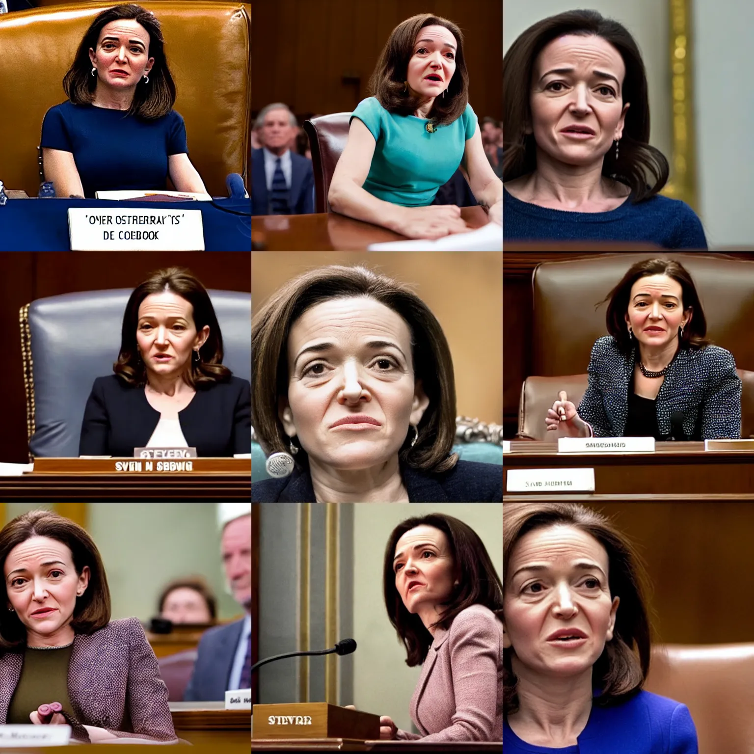 Prompt: Movie still of a tired, old, and ugly Sheryl Sandberg testifying in Congress in Facebook The Movie (2017), directed by Steven Spielberg