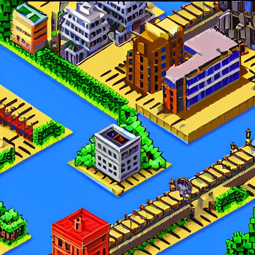 Prompt: screenshot from 16 bit isometric game based on the city of london