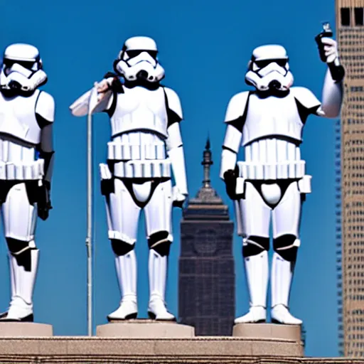 Prompt: storm troopers standing on top of the statue liberty in new york