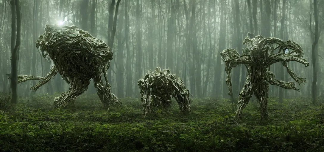 Prompt: a complex organic fractal 3 d metallic symbiotic ceramic humanoid megastructure creature in a swampy lush forest, foggy, sun rays, cinematic shot, photo still from movie by denis villeneuve, wayne barlowe