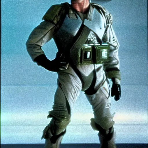 Image similar to movie still, 1 9 8 0 s, van damme as sci - fi starship trooper, hyperdetailed, by ridley scott, john carpenter and vittorio storaro, blue leds