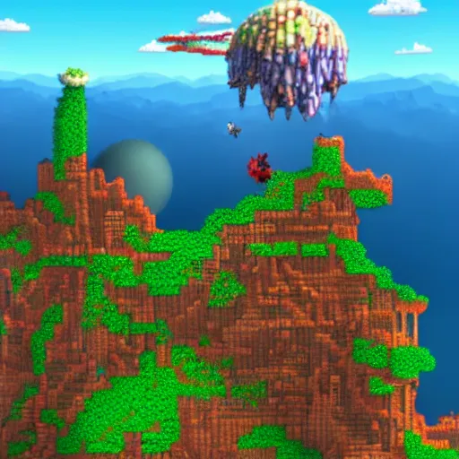 Image similar to aerial wide shot of terraria game, 3D CGI Render, high detailed