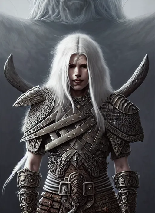 Image similar to barbarian, plated armor!!! long wild white hair!! covered chest!!! fantasy, d & d, intricate ornate details, digital painting, pretty face!!, symmetry, concept art, sharp focus, illustration, art by artgerm! greg rutkowski magali villeneuve wlop! ilya kuvshinov!!, octane render