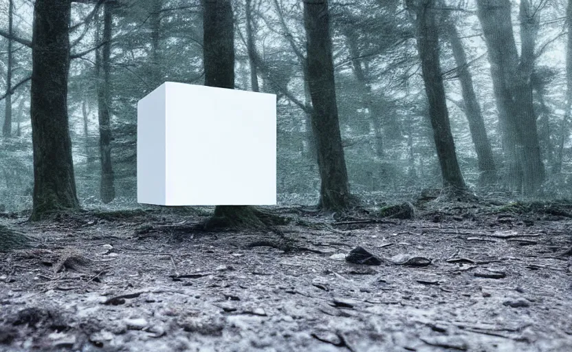 Image similar to a white metallic cube on the ground in the forest, realistic sci-fi painting by simon stålenhag, digital art, trending on artstation