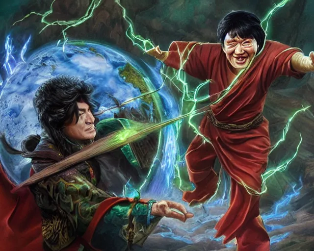 Image similar to jackie chan as an earth mage casting an earth magic spell, fantasy art, d & d, extremely detailed, high quality, award - winning,