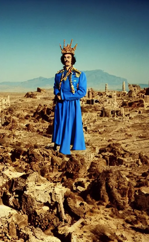 Image similar to salvador dali wearing a great crown with blue jewels in a dry rocky desert landscape, visible sky and sunny atmosphere, alien city ruins in the background, film still from the movie by alejandro jodorowsky with cinematogrophy of christopher doyle and art direction by hans giger, anamorphic lens, kodakchrome, very detailed photo, 8 k