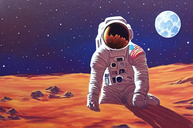 Image similar to an astronaut laying on mars in the style of flooko, acrylic art, detailed, moonlight,