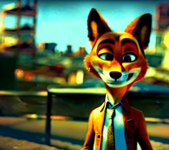 Image similar to nick wilde as max payne 3 set in gritty neo - noir zootopia, favela / furvela