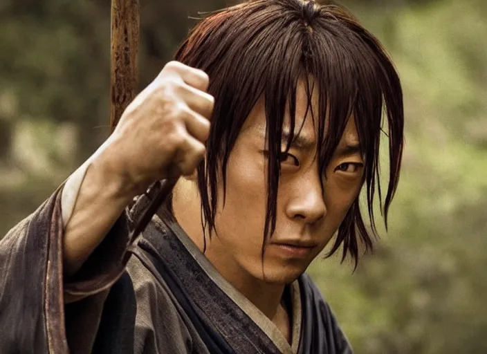 Image similar to movie still from Rurouni Kenshin, 2012, cinematic, Takeru Satoh, samurai half man half asian black bear, epic