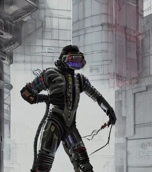 Image similar to realistic cyberpunk japanese engineer with long limbs and a black spacesuit welding a wall, techwear, dead space, visible face, Industrial Scifi, detailed illustration, character portrait, by Martin Grip and Moebius