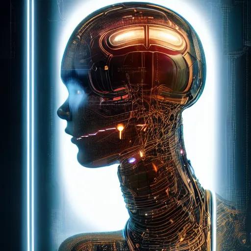 Prompt: headshot of humanoid robot from ex machina, electronic brain, glowing circuitry, highly detailed, intricate and elegant, cinematic lighting, glass, transparency, jean - baptiste monge, greg rutkowski, moebius