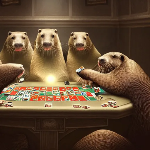 Image similar to otters playing poker, hyper detailed, dramatic lighting, cgsociety, realistic, hyper detailed, insane details, intricate, dramatic lighting, hypermaximalist, golden ratio, rule of thirds, octane render, weta digital, micro details, ultra wide angle, artstation trending, 8 k,