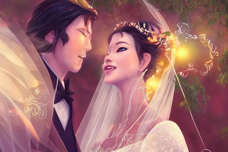 Image similar to a cinematic portrait of wedding photograph jpeg close up moment of a divine a japan sun god and moon goddess lovers magician at a wedding banquet. portraiture. digital painting. artstation. concept art. wedding photo. illustration. frozen ii art masterpiece by art by krenz cushart