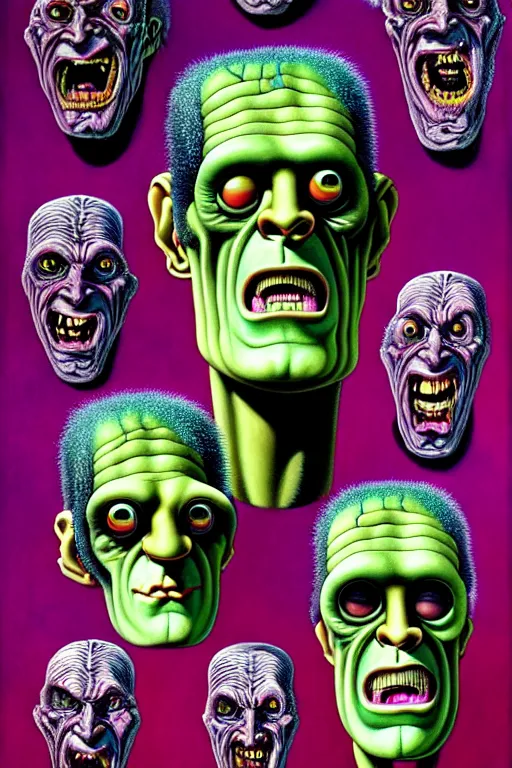 Prompt: a hyperrealistic painting of frankenstein monster heads, cinematic horror by basil wolverton, lisa frank, richard corben, kris kuksi, highly detailed, vivid color,