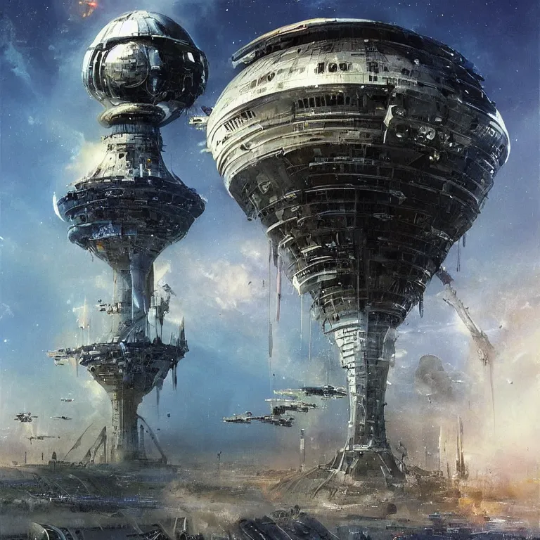 Image similar to “a giant spaceship crashing into a large futuristic water tower, sci-fi concept art, by John Harris, by John Berkey, hyper realistic painting”