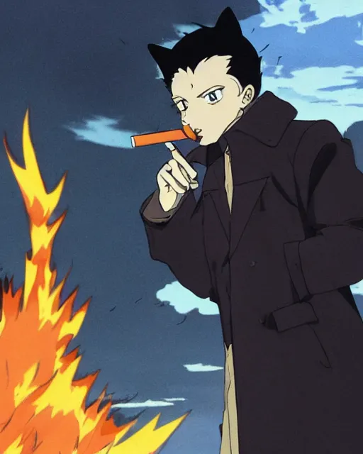 Image similar to a fox in a black trench - coat, smoking a cigarette in front of a huge explosion in the middle of a war, style of anime