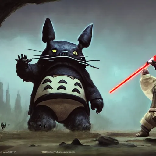 Prompt: totoro jedi slaying a sith lord, intricate detail, royo, klimt, miro, vallejo, frazetta, giger, whealan, hd, unreal engine,