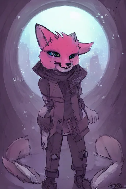 Image similar to a cute cyberpunk anthropomorphic fox with a fluffy tail, comic art, trending on furaffinity, cartoon, kawaii, backlighting, furry art!!!, warm light, concept art, glitch art