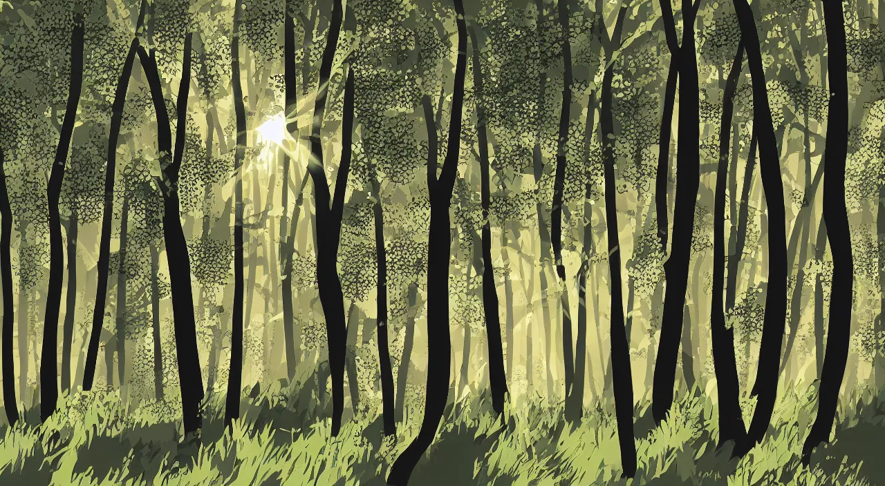Prompt: simple pretty vector art of the inside of a forest with sun rays shining through the trees, 4 k,