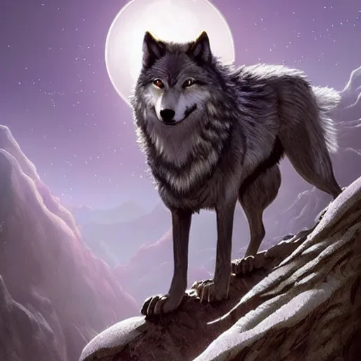 Image similar to a wolf standing on a moutain, howling to a full moon shining bright, thunderstrikes, epic, dramatic lighting, in a fantasy world, highly detailed, crystal lighting, hyperrealistic, trending on artstation, unreal engine, magical, by joe fenton, by greg rutkowski, by greg tocchini, by kaws, by kate beaton, by kaethe butcher